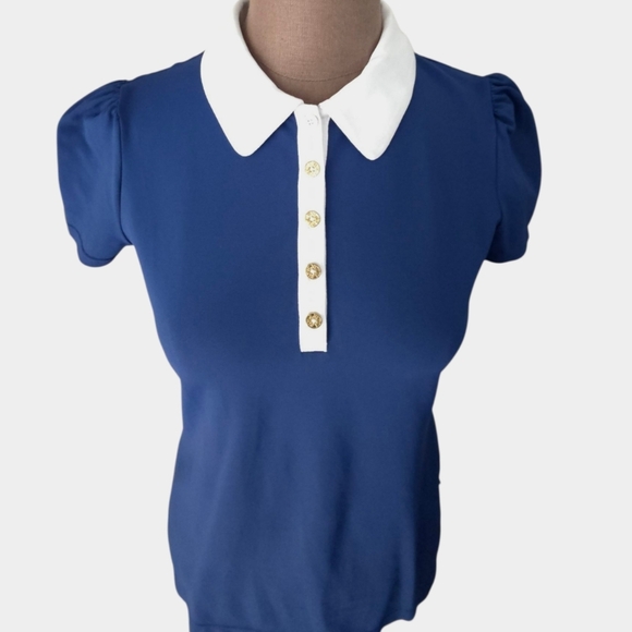 Lilly Pulitzer Luxeletic Frida Puff Sleeve Blue Polo Shirt Women's Size Small - Picture 14 of 15